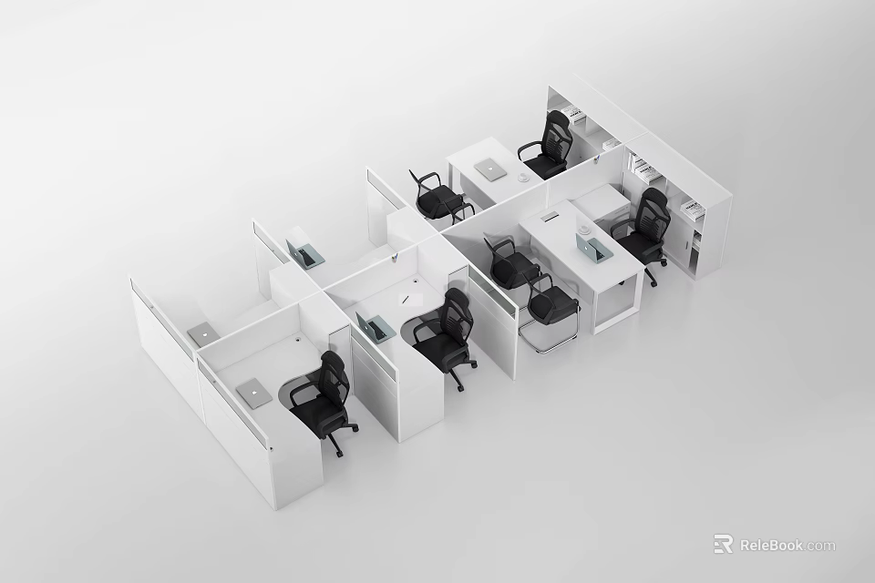 Sleek Modern Office Workstations in Open Layout with White Partitions and Black Chairs 3d model 