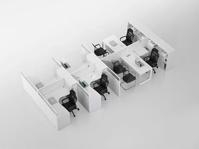 Sleek Modern Office Workstations in Open Layout with White Partitions and Black Chairs 3d model