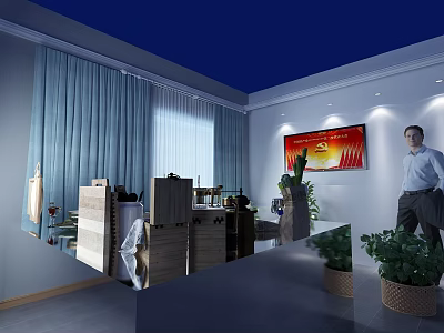 Modern Office Interior With Blue Ceiling Curtains Red Poster And Green Plants 3d model