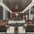 Modern Private Room Interior With Brown Sofas Round Dining Table And Decorative Lighting