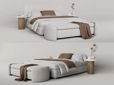 Modern Double Bed with Upholstered Headboard White Sheets Brown Blanket and Wooden Nightstand Decorative Vase 3d model