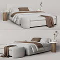 Modern Double Bed with Upholstered Headboard White Sheets Brown Blanket and Wooden Nightstand Decorative Vase