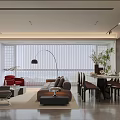 Modern Living and Dining Area With Sofa Coffee Table Bookshelf Floor Lamp and Plants