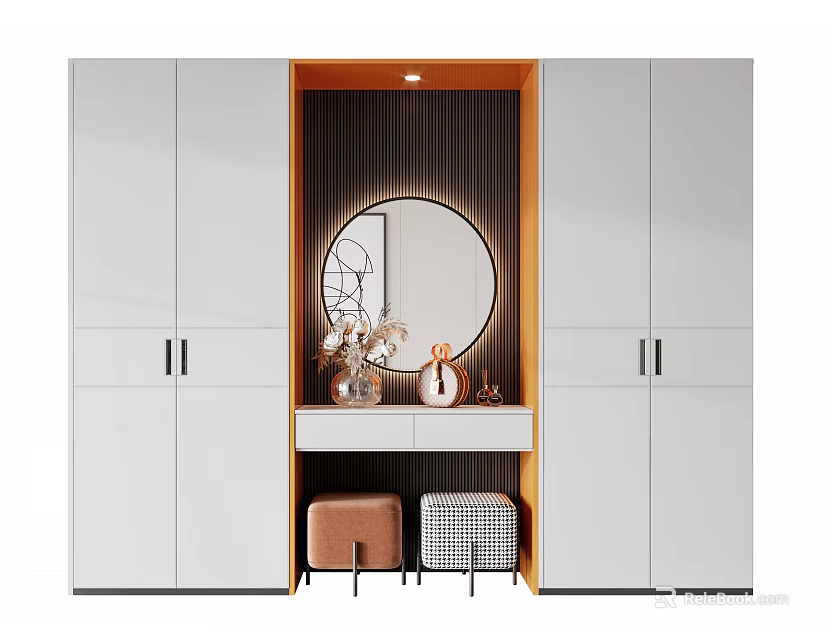 Modern White Wardrobe Interior With Round Mirror Wooden Frame And Stool 3d model
