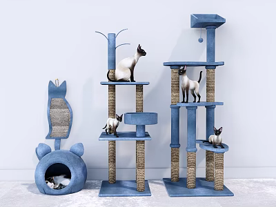 Stylish Blue Cat Furniture with Scratching Posts Perches and Cozy Bed 3d model