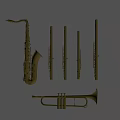 Golden Musical Instruments Hanging On Wall With Saxophone Flutes And Trumpet