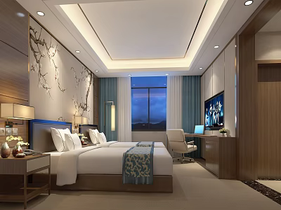 Elegant Hotel Room With King Bed Large Window Work Desk TV And Wall Decor 3d model