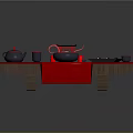 Traditional Chinese Dining Table Setup With Red Tablecloth Teapot Wok And Chopsticks