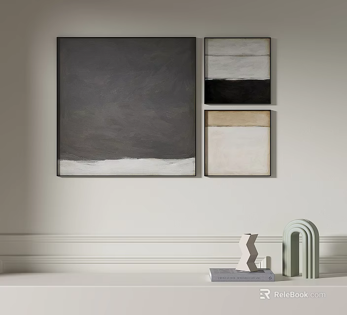 Modern Abstract Paintings With Neutral Tones Framed On White Wall 3d model