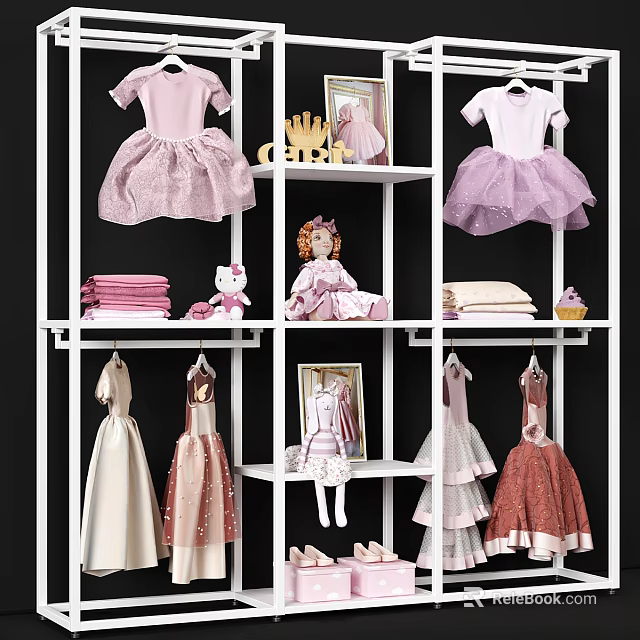 Cute Kids Clothing Display With Pink Purple Dresses Doll Crown And Folded Clothes On Shelves 3d model 