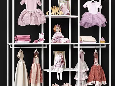 Cute Kids Clothing Display With Pink Purple Dresses Doll Crown And Folded Clothes On Shelves 3d model