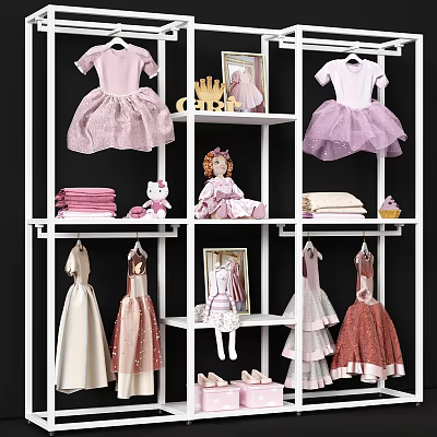 Cute Kids Clothing Display With Pink Purple Dresses Doll Crown And Folded Clothes On Shelves 3d model