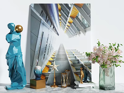 Modern Decorative Ornament Combination With Blue Sculpture Golden Accents Pink Flowers And Glass Vase 3d model