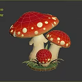 Decorative Red Mushroom Components With White Spots Yellow Stems Green Grass And Brown Base 3d model