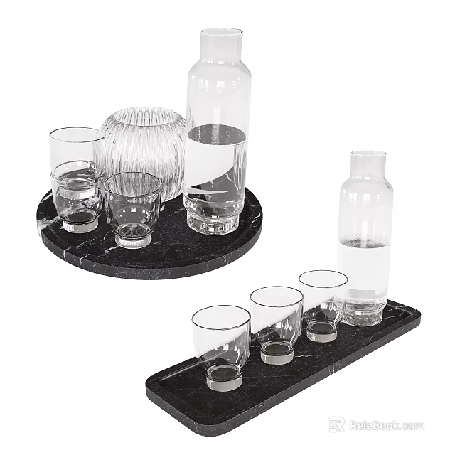 Transparent Glasses And Water Bottles On Black Marble Trays For Modern Use 3d model 