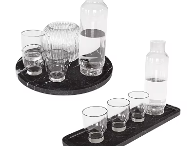Transparent Glasses And Water Bottles On Black Marble Trays For Modern Use 3d model
