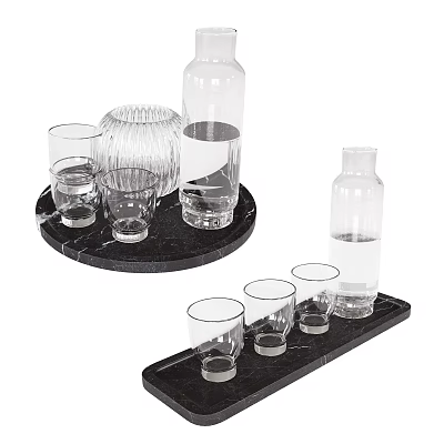 Transparent Glasses And Water Bottles On Black Marble Trays For Modern Use 3d model