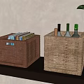 Wicker Storage Baskets On Dark Wooden Shelf With Books And Wine Bottles For Home Organization