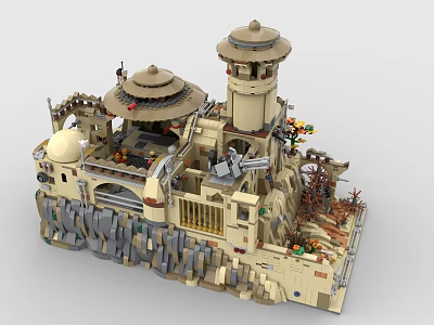 Detailed Building Blocks Castle Model With Twin Towers Rocky Base And Arched Structures 3d model