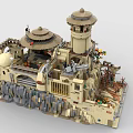 Detailed Building Blocks Castle Model With Twin Towers Rocky Base And Arched Structures
