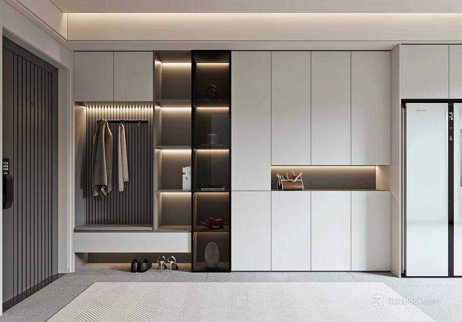 Modern White Shoe Cabinet Interior Design With LED Lighting And Coat Hanging Storage 3d model 