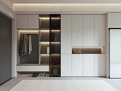 Modern White Shoe Cabinet Interior Design With LED Lighting And Coat Hanging Storage 3d model