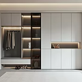 Modern White Shoe Cabinet Interior Design With LED Lighting And Coat Hanging Storage