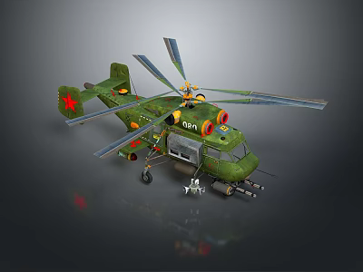Green Military Helicopter Model With Red Star Weapons Equipment And 107 Number 3d model