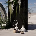 Modern Wedding Decor With Black Backdrop White Flowers Arched Structure And Sandy Ground 3d model