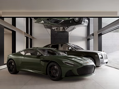 Luxury Modern Garage Interior With Green Sports Car Black Luxury Car And Suspended Car 3d model