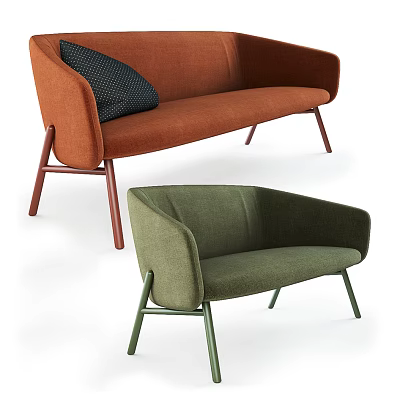 Modern Orange And Green Sofa Featuring Armrests Dark Cushions And Metal Legs 3d model
