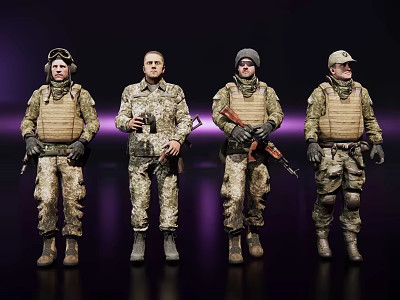 Game and Movie Military Characters in Camouflage Uniforms With Tactical Gear Holding Rifles 3d model