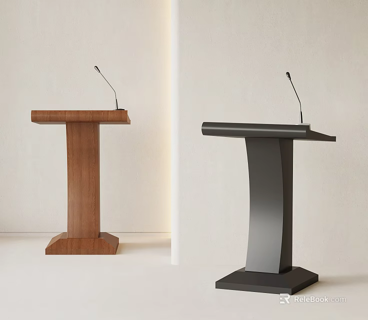 Modern Wooden and Black Podiums with Microphones on White Background 3d model 