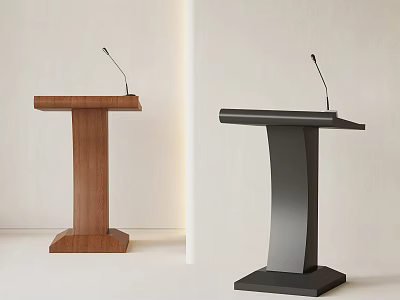 Modern Wooden and Black Podiums with Microphones on White Background 3d model