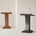 Modern Wooden and Black Podiums with Microphones on White Background