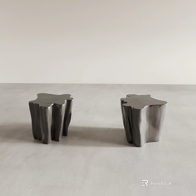 Two Irregular Tree Stump Shaped Metallic Silver Side Tables On Minimalist Light Gray Floor 3d model 