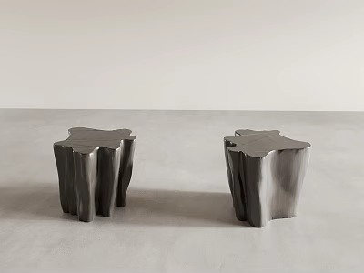 Two Irregular Tree Stump Shaped Metallic Silver Side Tables On Minimalist Light Gray Floor 3d model