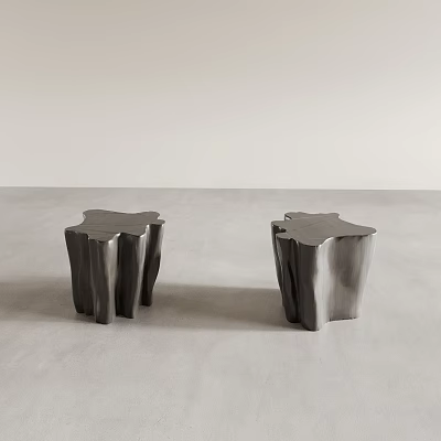 Two Irregular Tree Stump Shaped Metallic Silver Side Tables On Minimalist Light Gray Floor 3d model