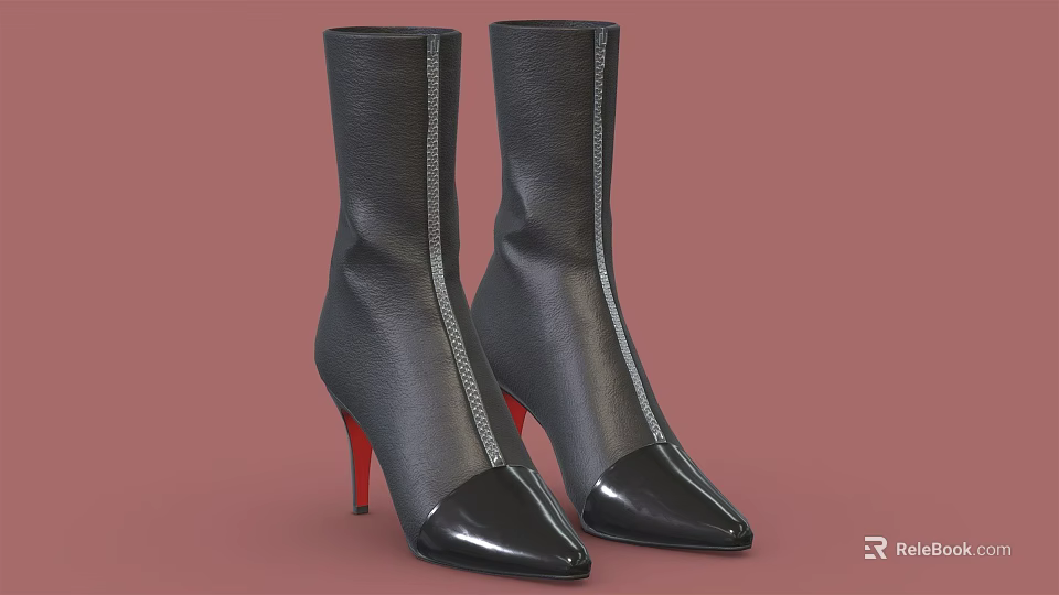 Black Leather High Heel Ankle Boots With Red Heels And Pointed Toe Zipper Design 3d model 