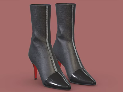 Black Leather High Heel Ankle Boots With Red Heels And Pointed Toe Zipper Design 3d model