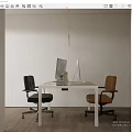 White Office Desk With Two Computer Monitors Black And Brown Chairs Wooden Floor