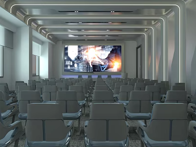 Modern Conference Room With Rows Of Gray Chairs Large Screen And Ceiling Lighting Strips 3d model