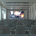 Modern Conference Room With Rows Of Gray Chairs Large Screen And Ceiling Lighting Strips