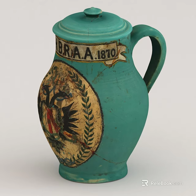 Turquoise Ceramic Jug With Hand Painted Eagle And Laurel Wreath Design And B.R.A.A.1870 Vintage Inscription 3d model 