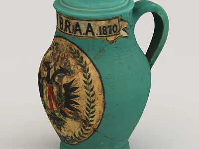 Turquoise Ceramic Jug With Hand Painted Eagle And Laurel Wreath Design And B.R.A.A.1870 Vintage Inscription 3d model