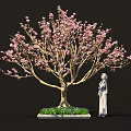 Elegant Bonsai Tree With Pink Flowers Green Grass And Purple Small Flowers