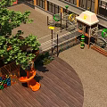 Outdoor Playground Equipment With Wooden Structure Orange Slide Colorful Rings And Green Plants