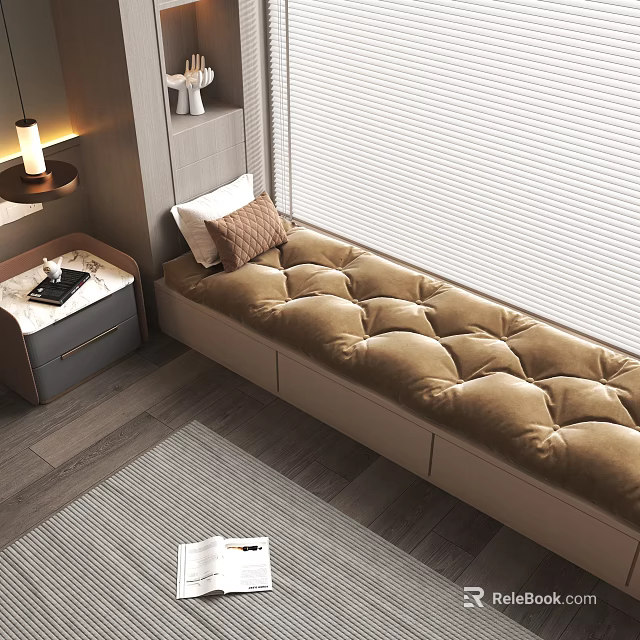 Modern Throw Pillow On Brown Velvet Cushioned Window Seat With Side Table Lamp 3d model 