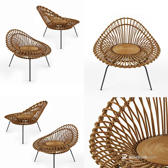 Modern Rattan Leisure Chair Featuring Curved Design and Black Metal Legs 3d model 