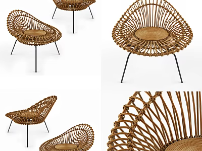 Modern Rattan Leisure Chair Featuring Curved Design and Black Metal Legs 3d model